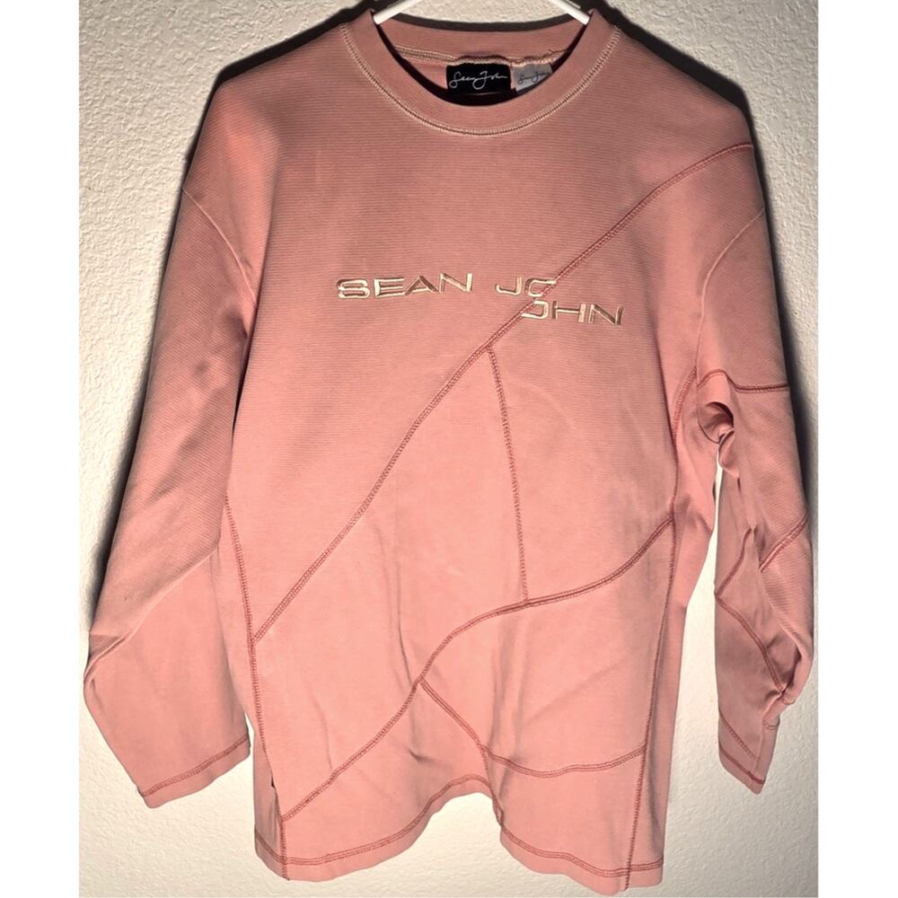 Stylish Sean John Men's Cream Pink Long Sleeve Sweater